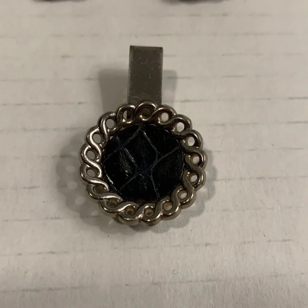 SILVER Tone Cuff Links w/ Tie Tack- leather inside- good condition- vintage